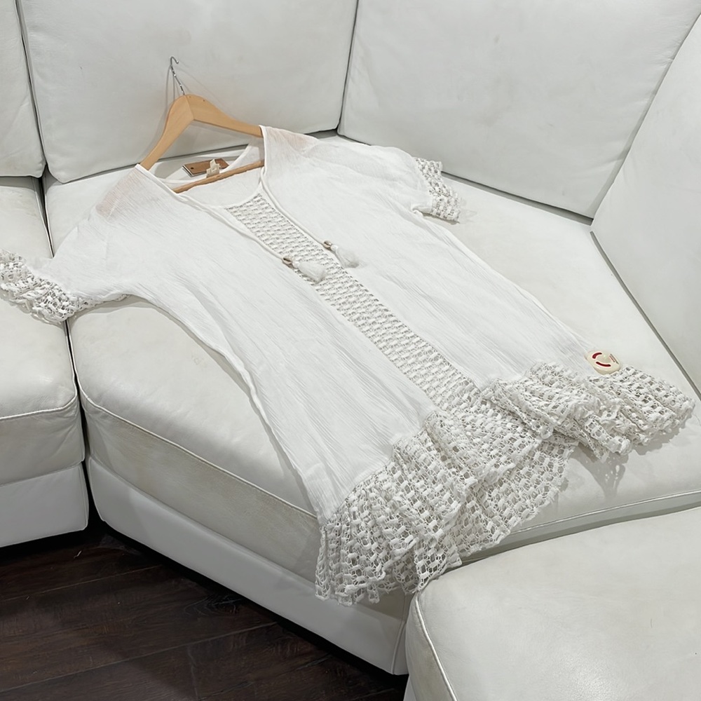NWT Surf Gypsy crochet sleeve short sleeve cover up white cowrie tassels SHOPTAG - Picture 7 of 10